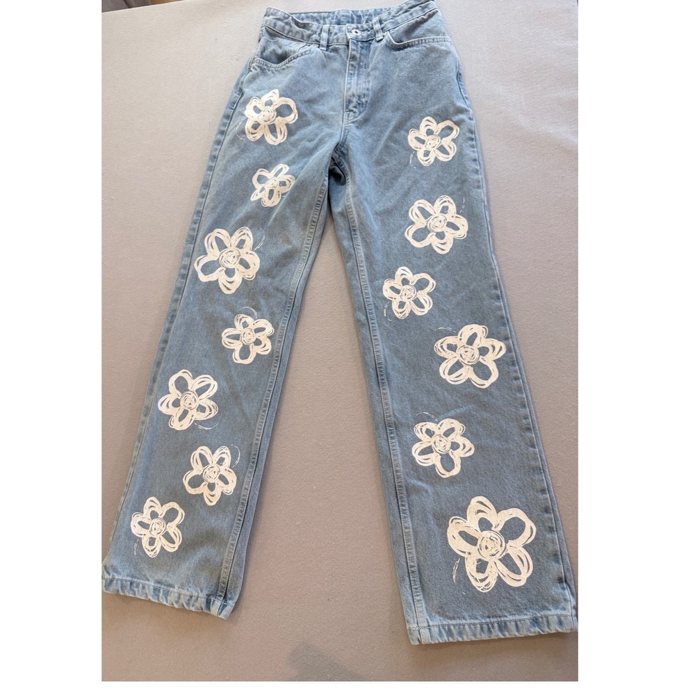 Ragged Priest Flower Print Jeans Light Wash High Waist Straight Leg Denim 24